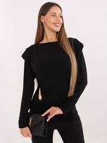 Black business blouse with shoulder pads.