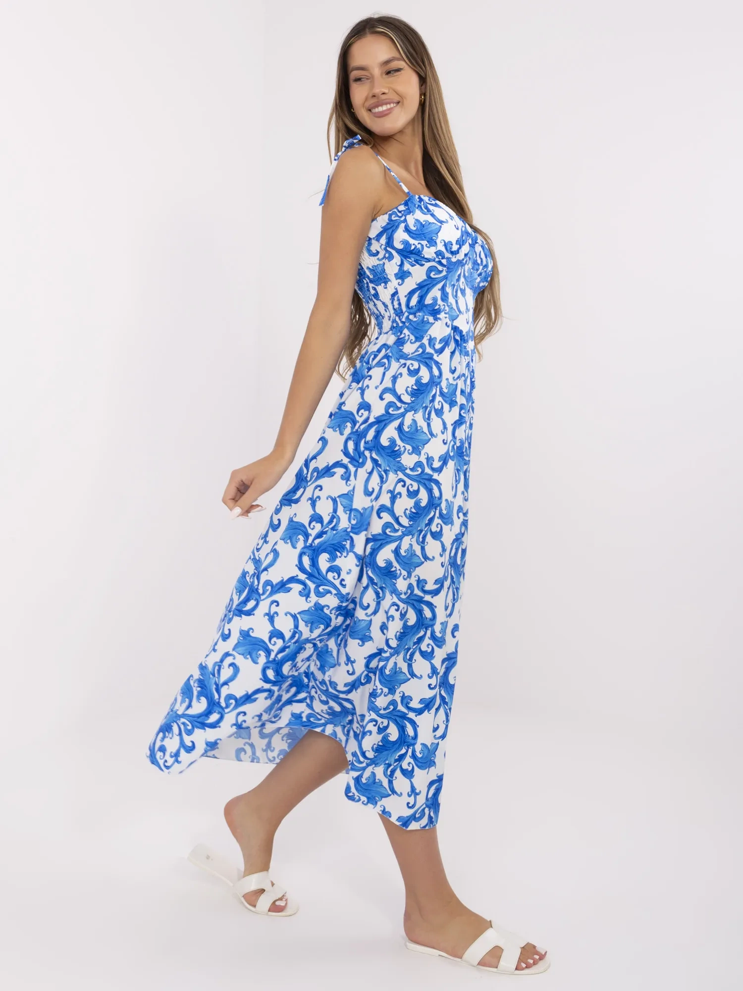 White-blue summer dress in Greek style.