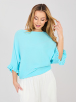 Turkusowy damski sweter oversize z rękawem 3/4