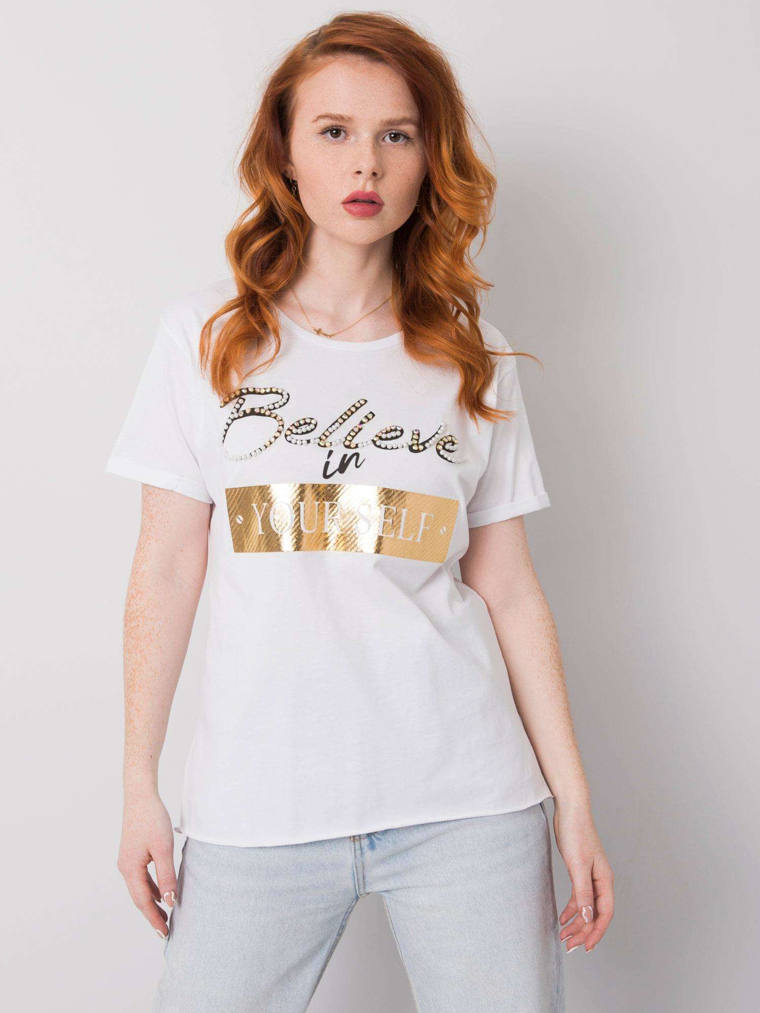 Biały t-shirt damski z aplikacją Evelyn