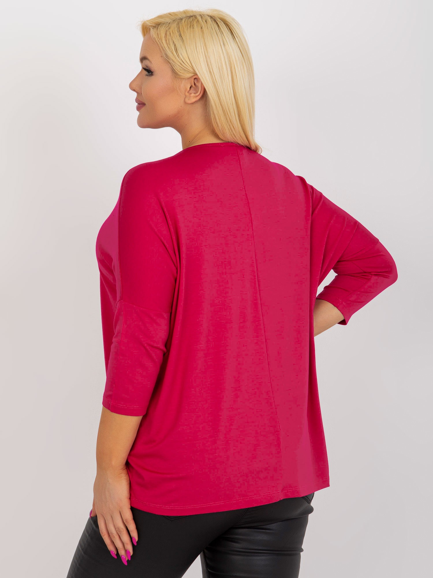 Fuksjowa bluzka plus size basic z rękawem 3/4