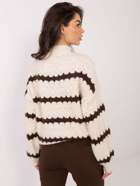 Ecru-brązowy damski sweter oversize z półgolfem