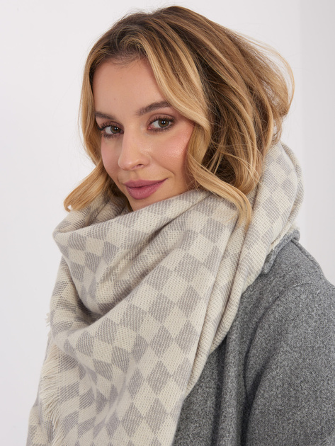 Ecru-szary damski szal z frędzlami