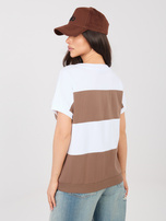 Biało-brązowa bawełniana bluzka z dekoltem V