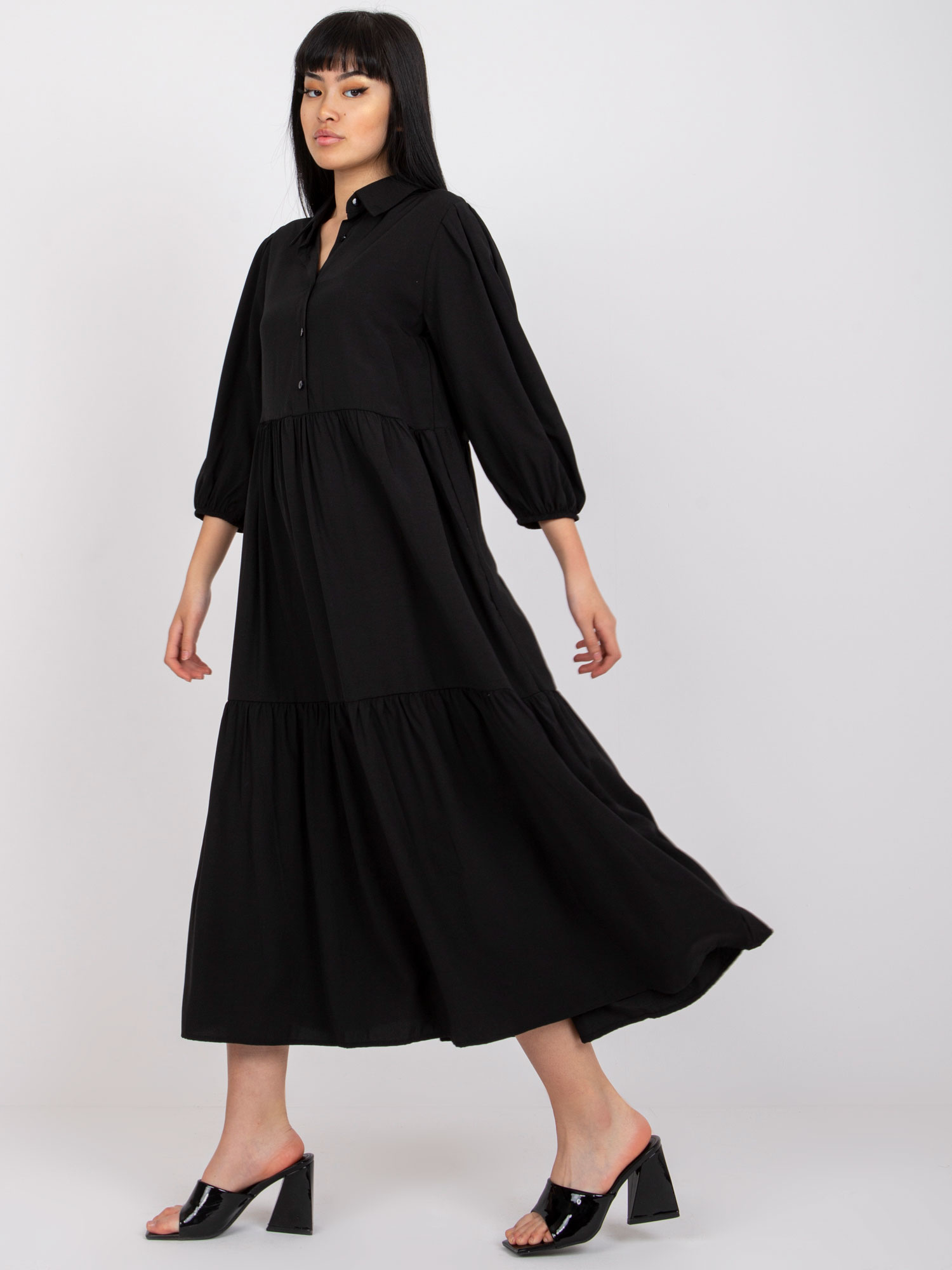 RUE PARIS black flared flounce dress 