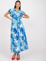 Biało-niebieska sukienka maxi z printami i kopertowym dekoltem