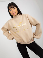 Hurtownia Beżowa dresowa bluza z nadrukiem i golfem