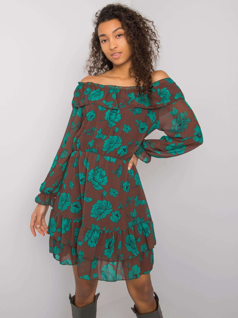 Brązowo-zielona sukienka hiszpanka z falbaną Briannon
