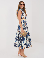 Navy blue shirt dress with a floral pattern.