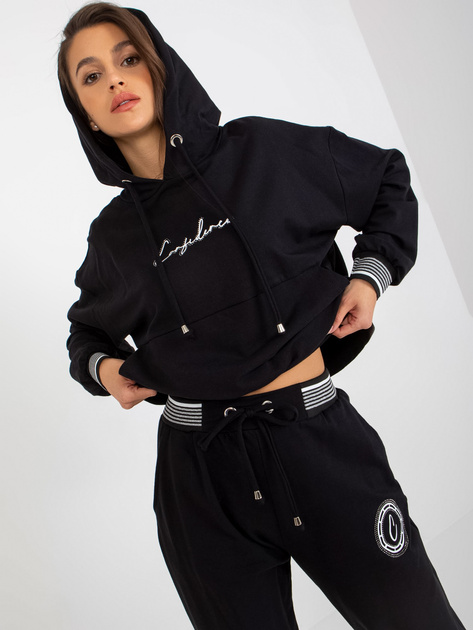 HurtCzarny luźny komplet dresowy z bluzą z aplikacją