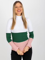 Hurt Biało-jasnoróżowa prążkowana bluzka basic z golfem 