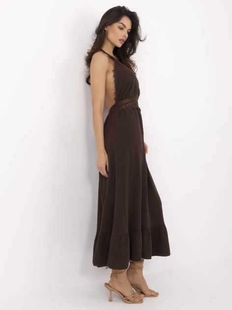 Ciemnobrązowa długa sukienka z muślinu