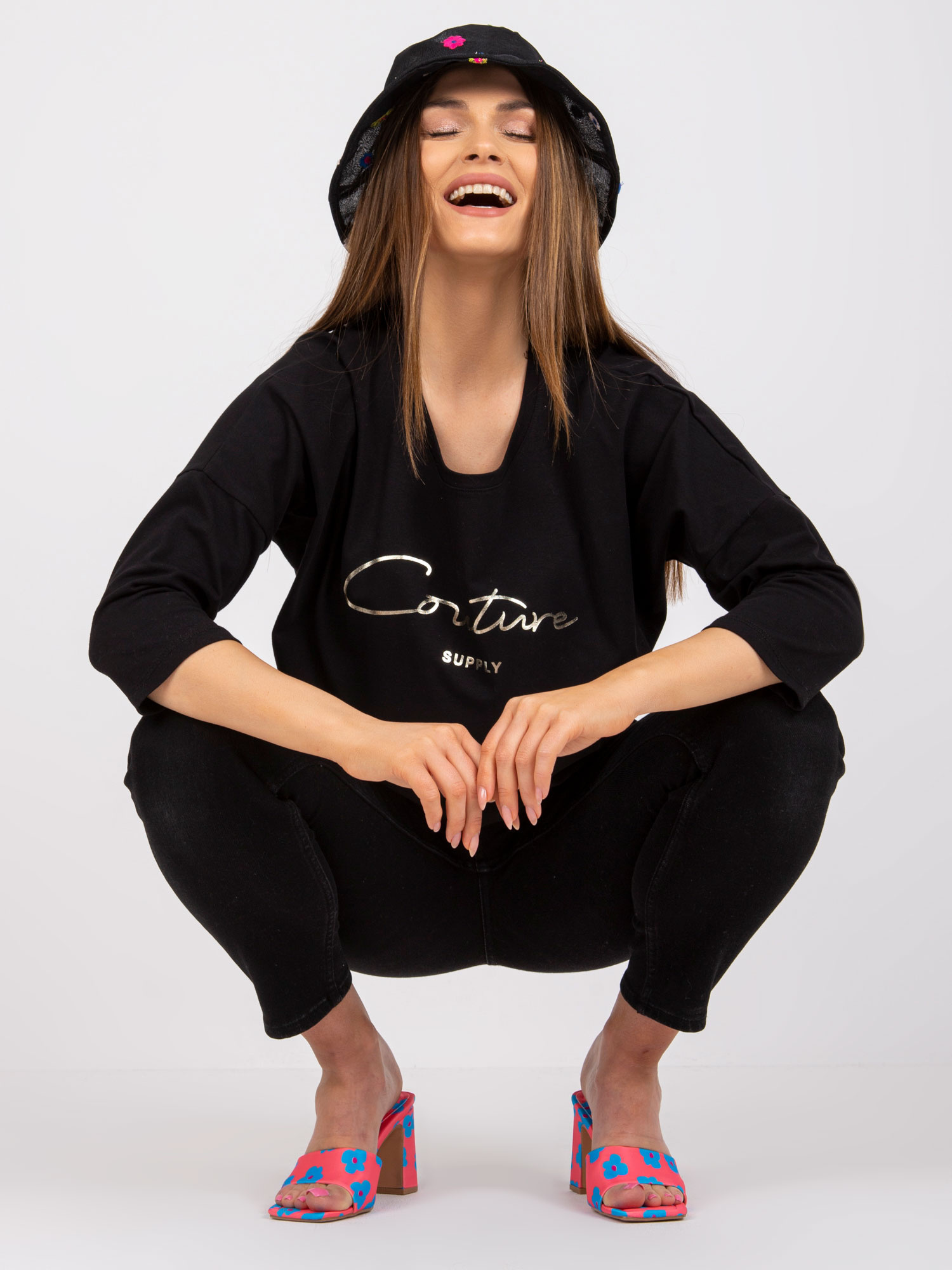 Black casual blouse with round neckline