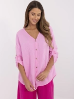Pink muslin women's shirt with 3/4 sleeves.