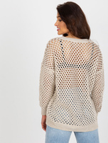 Hurt Beżowy ażurowy sweter letni z okrągłym dekoltem