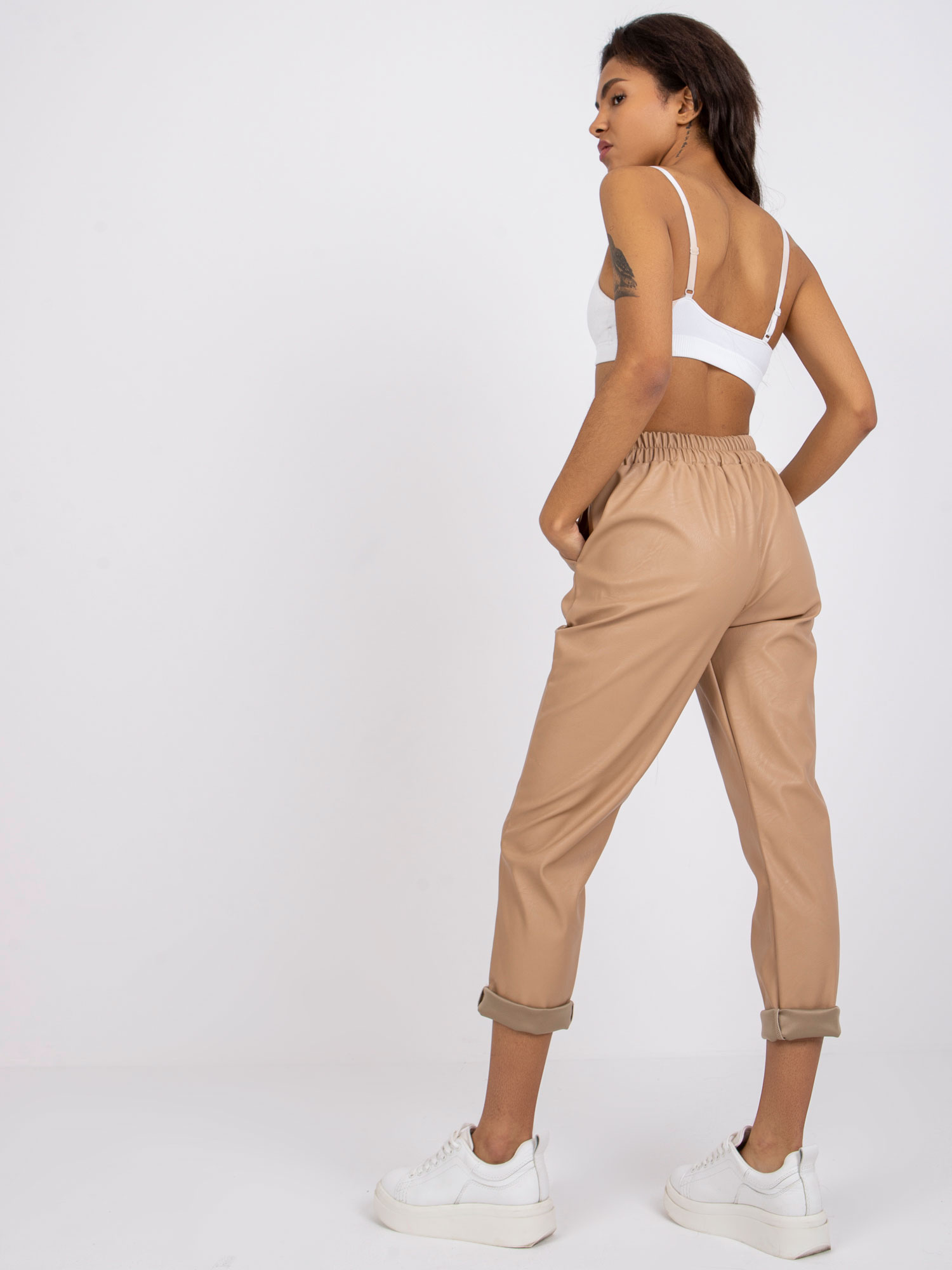 Beige women's trousers made of eco-leather Porto