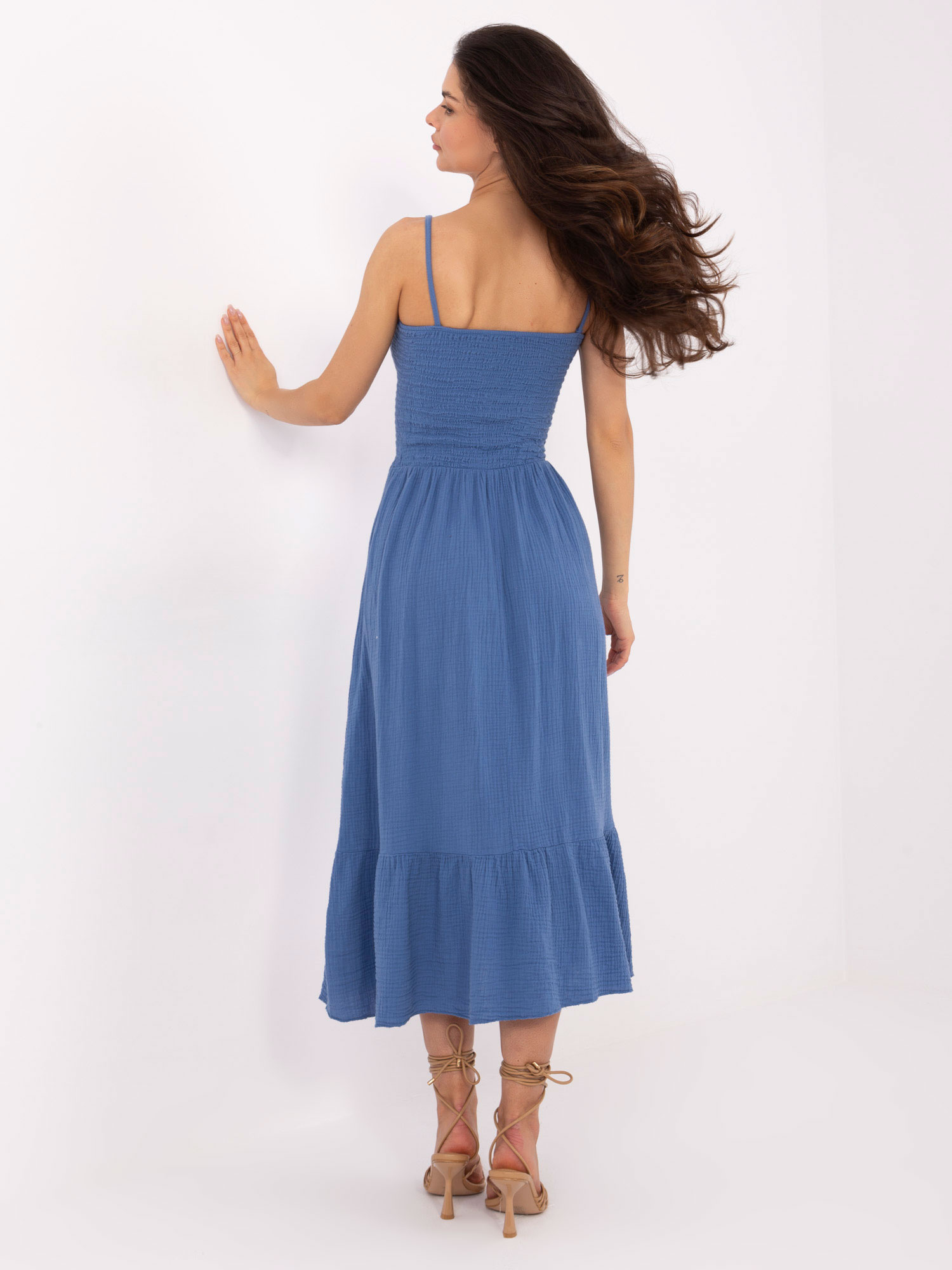 Dirty blue muslin dress with a ruffle.