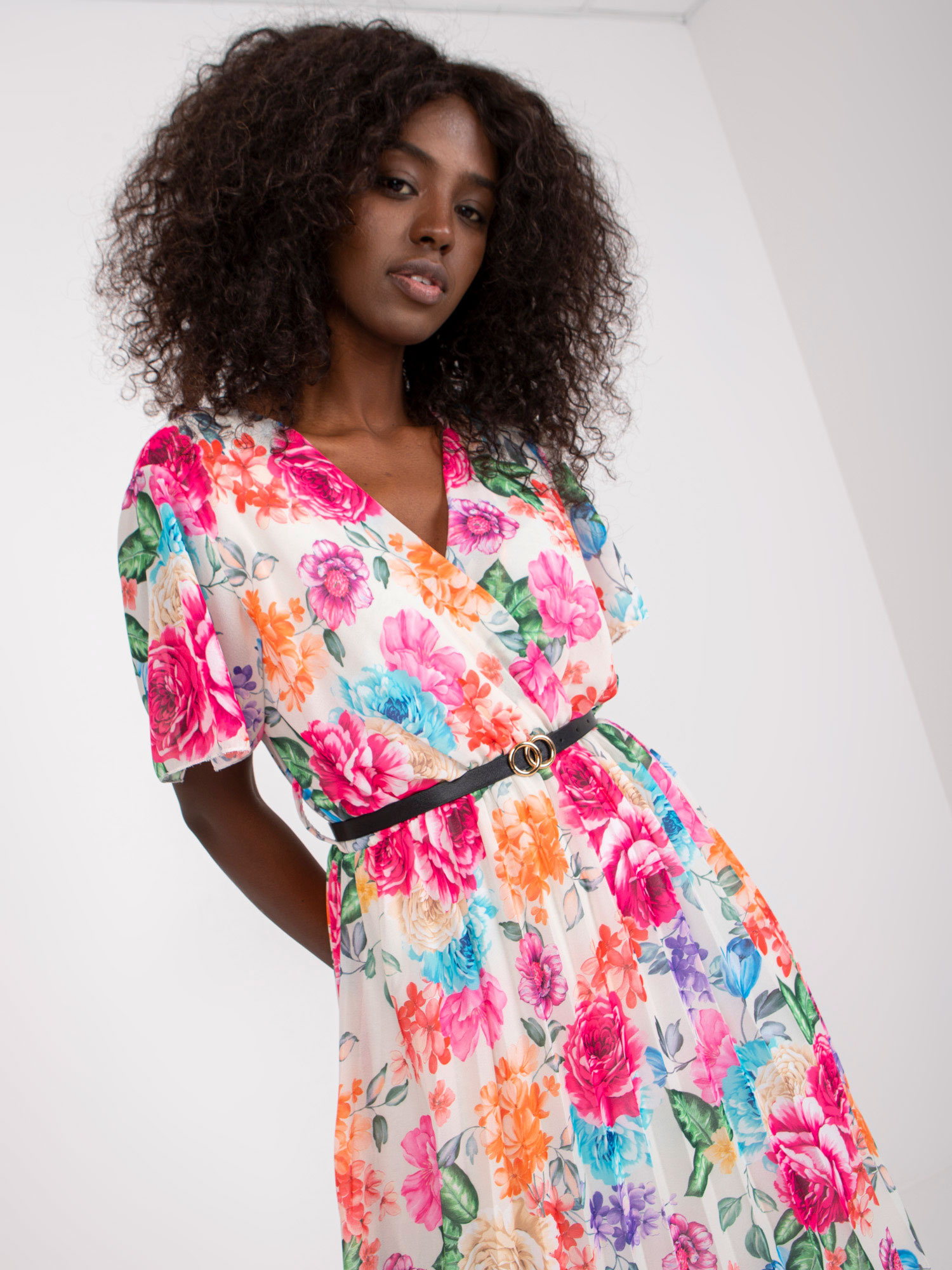 Light beige dress with floral print and belt