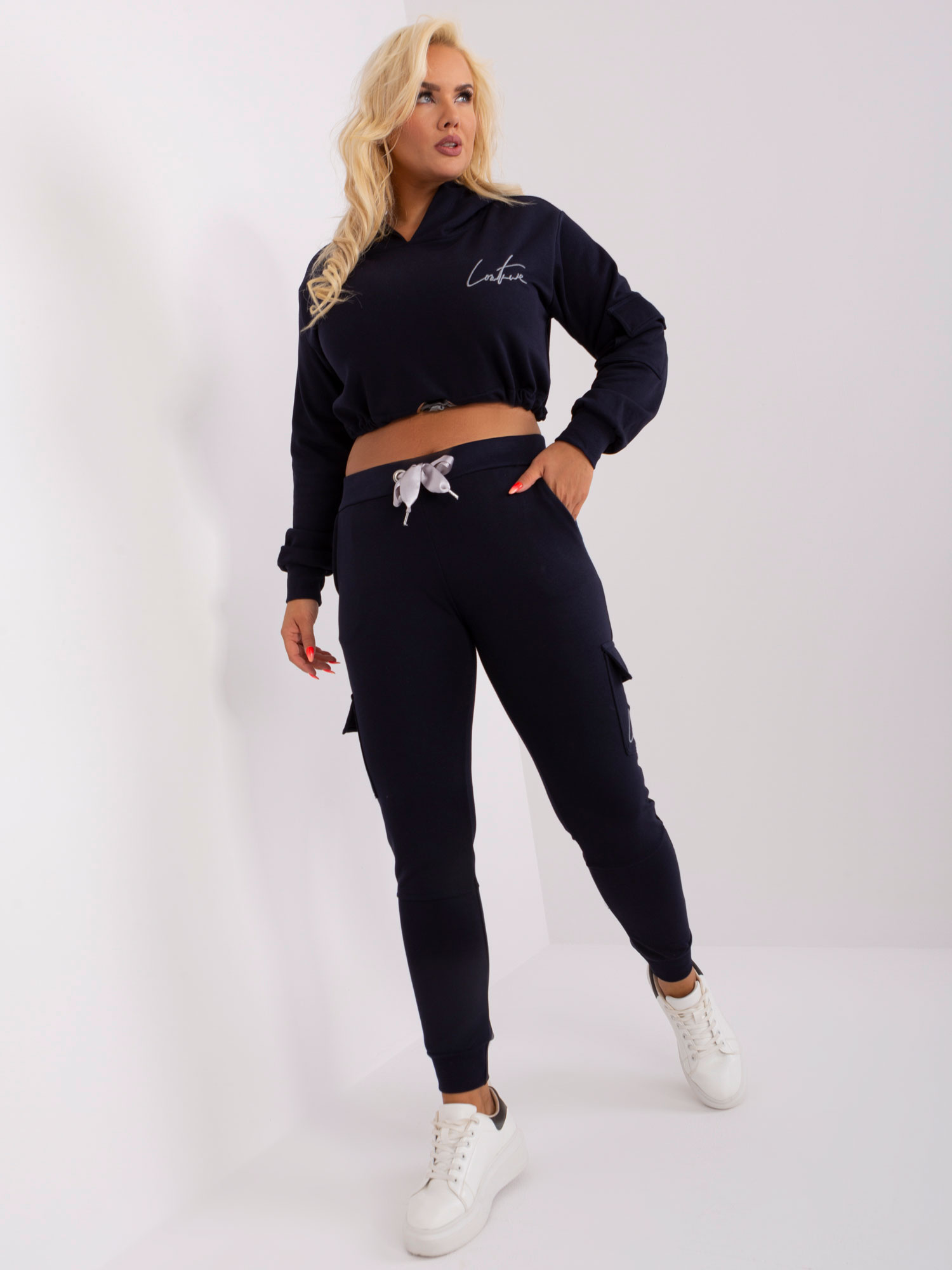 Wholesale Navy Blue Plus Size Set with Short Sweatshirt