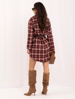 Burgundy checked shirt dress with an asymmetrical hem.