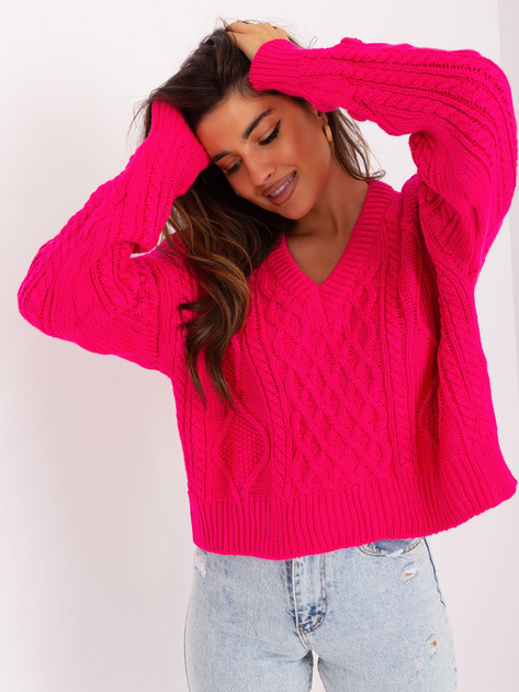 Hurtownia Fuksjowy krótki sweter z warkoczami