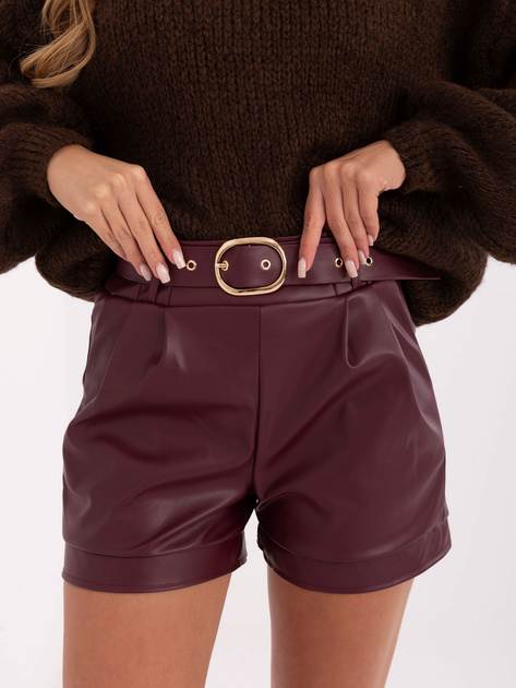 Burgundowe skórzane szorty z paskiem RUE PARIS