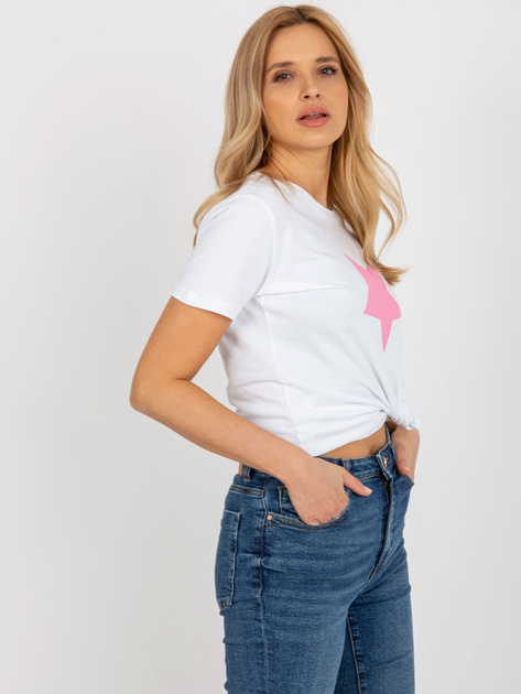 Hurt Biało-różowy damski t-shirt z nadrukiem BASIC FEEL GOOD