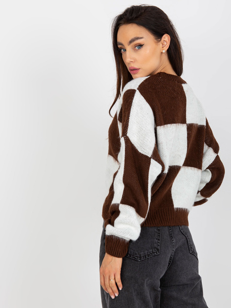 Hurt Brązowo-biały luźny sweter klasyczny w kwadraty
