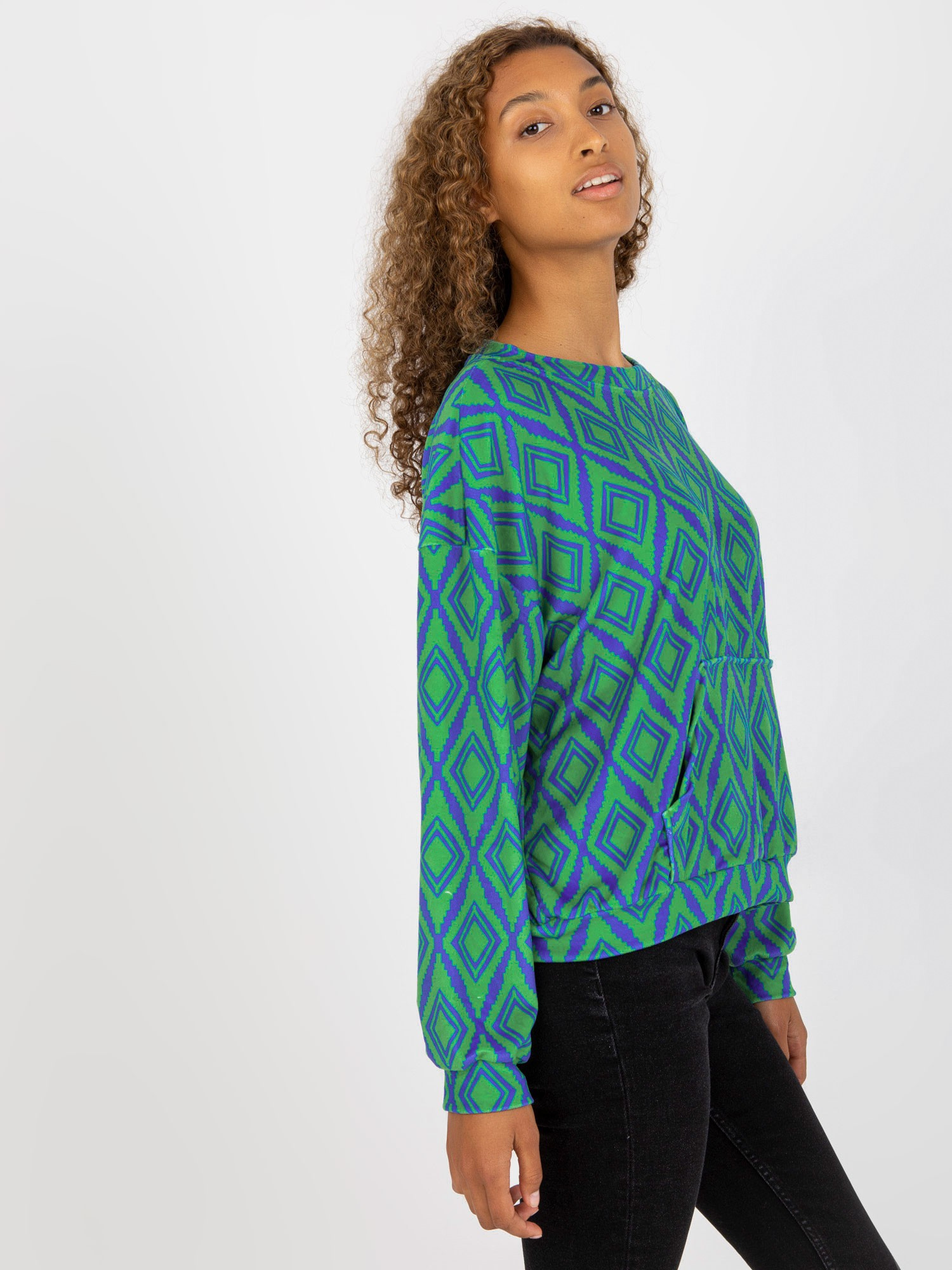 Zielono-niebieska welurowa bluza z nadrukiem RUE PARIS