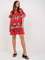 Czerwona sukienka mini z falbankami i nadrukiem RUE PARIS  