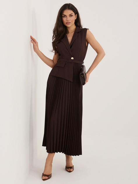 Ciemnobrązowa elegancka sukienka z paskiem RUE PARIS