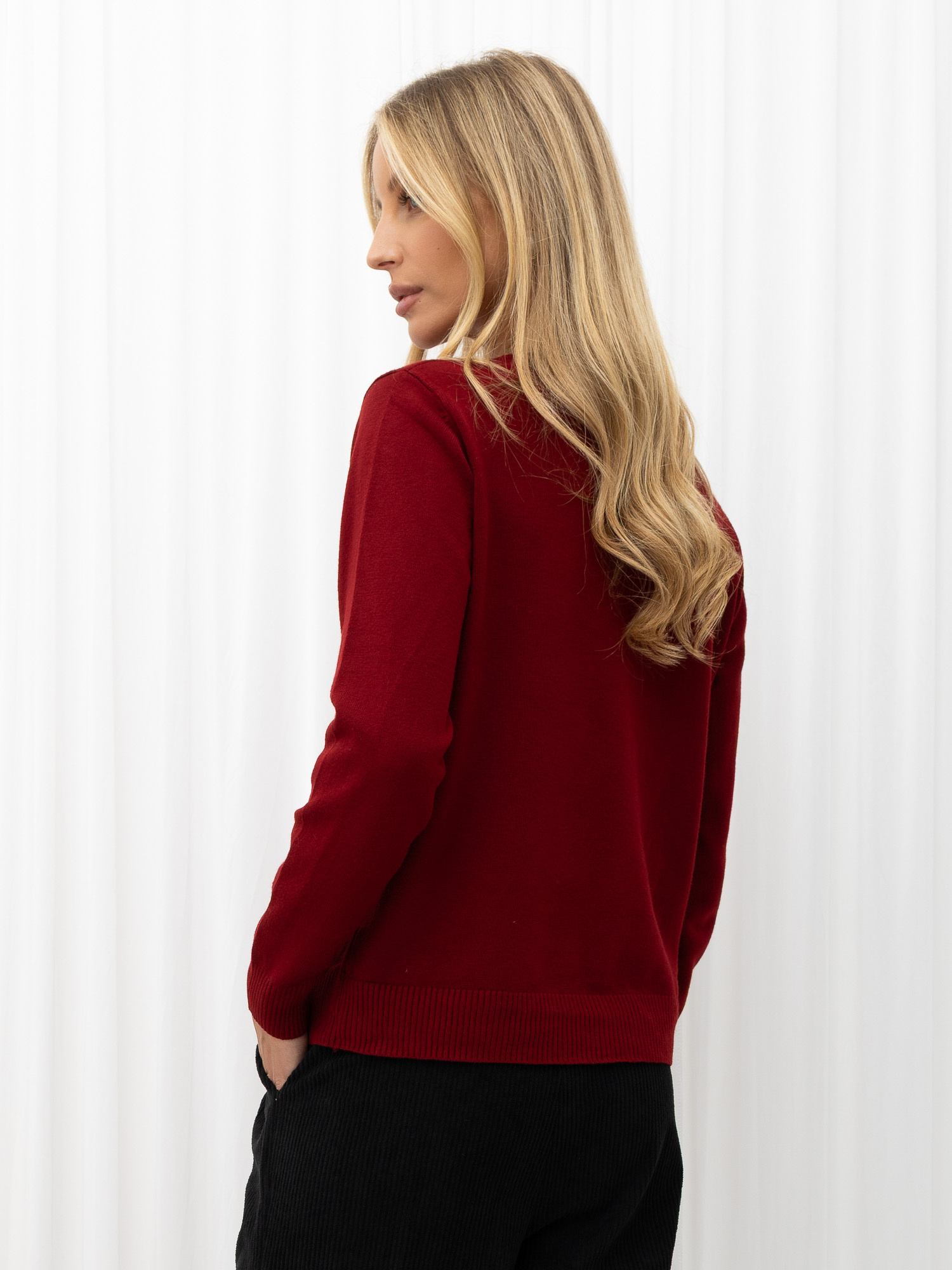 Burgundy zip-up sweater with a dog motif.
