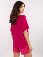 Hurt Fuksjowy sweter oversize z krótkim rękawem