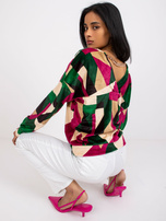 Zielono-fuksjowa wzorzysta bluzka z weluru Liliana