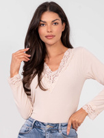 Beżowa prążkowana bluzka z koronką 