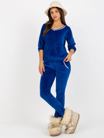 Hurt Kobaltowy komplet welurowy z dekoltem w serek 