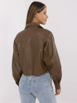 Brown faux leather jacket with pockets.