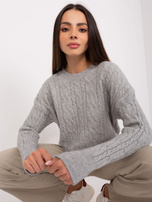 Hurt Gray sweater with braids and a round neckline.