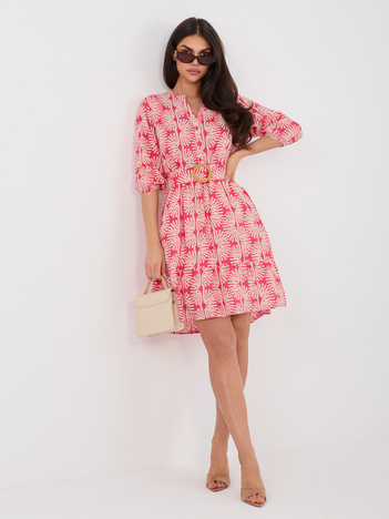 Koralowa wzorzysta sukienka z bufiastym rękawem SUBLEVEL 