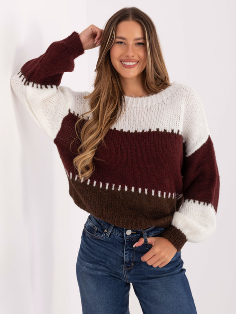 Ecru-bordowy sweter oversize z wełną RUE PARIS 