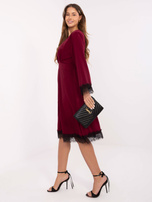 Burgundy midi dress with lace finish.
