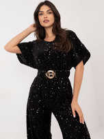 Hurtownia Czarny cekinowy kombinezon z paskiem
