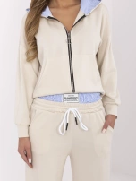Hurt Beżowy casualowy komplet z bluzą rozpinaną