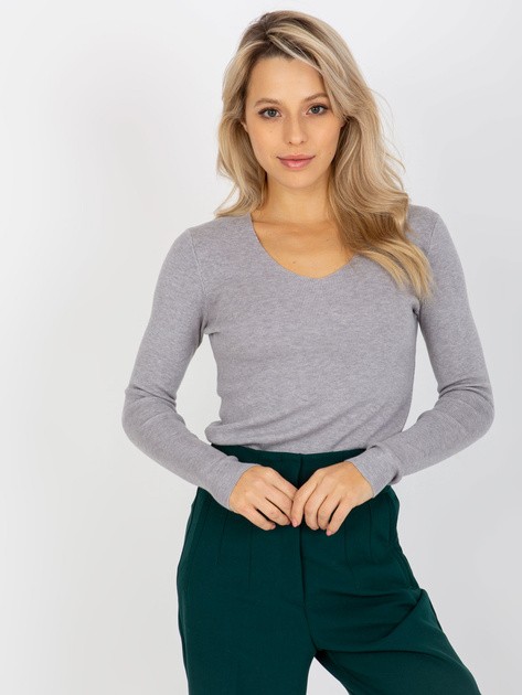 Hurt Szary gładki sweter klasyczny z dekoltem w serek