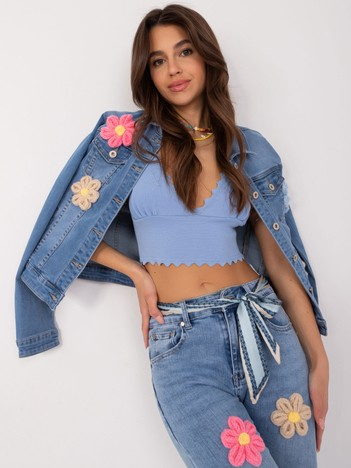 Hurt Niebieska kurtka jeansowa z aplikacjami