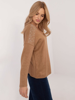 Hurt Camelowy damski sweter oversize z dekoltem V