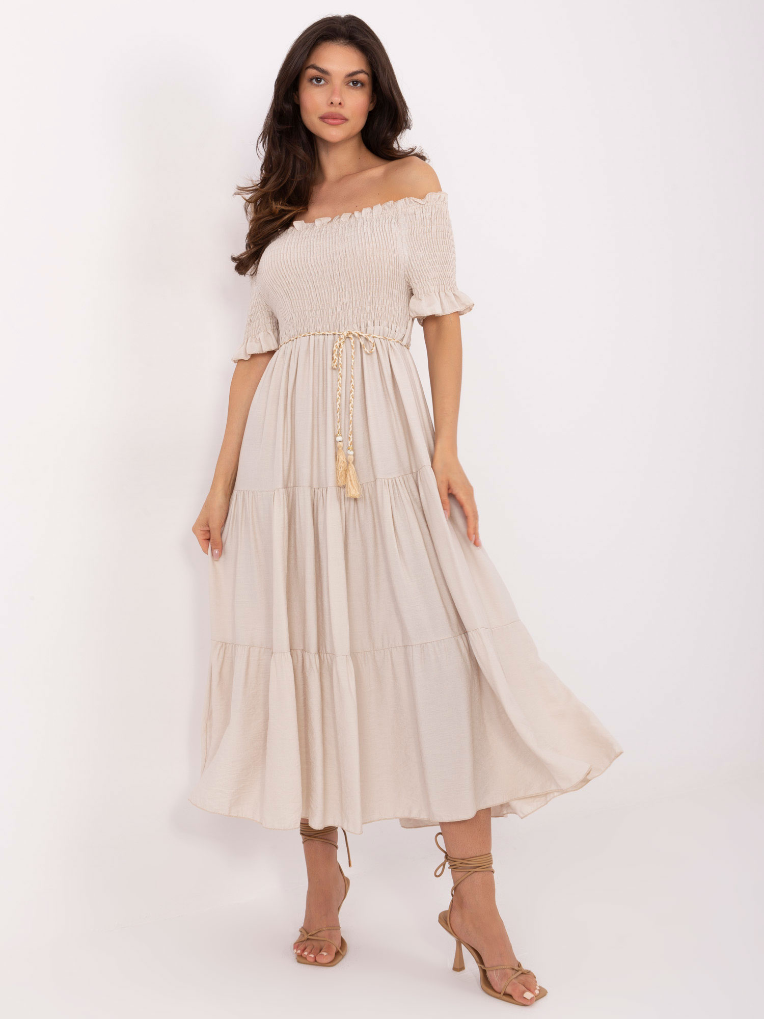 Beige off-the-shoulder dress for summer.