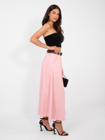 Light pink flared skirt with a belt.