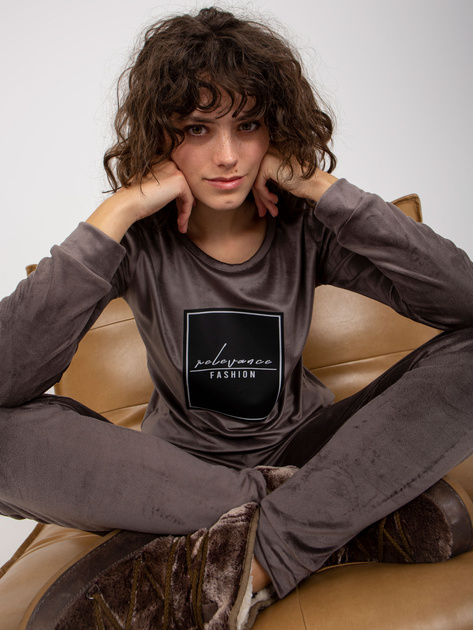 Hurt Ciemnoszary damski komplet welurowy z nadrukiem