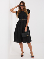 Czarna rozkloszowana sukienka z paskiem RUE PARIS 